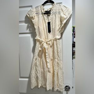 NWT BCBGMAXAZRIA Tie Waist Cream Sea Salt Eyelet Flutter Sleeve Dress S Small